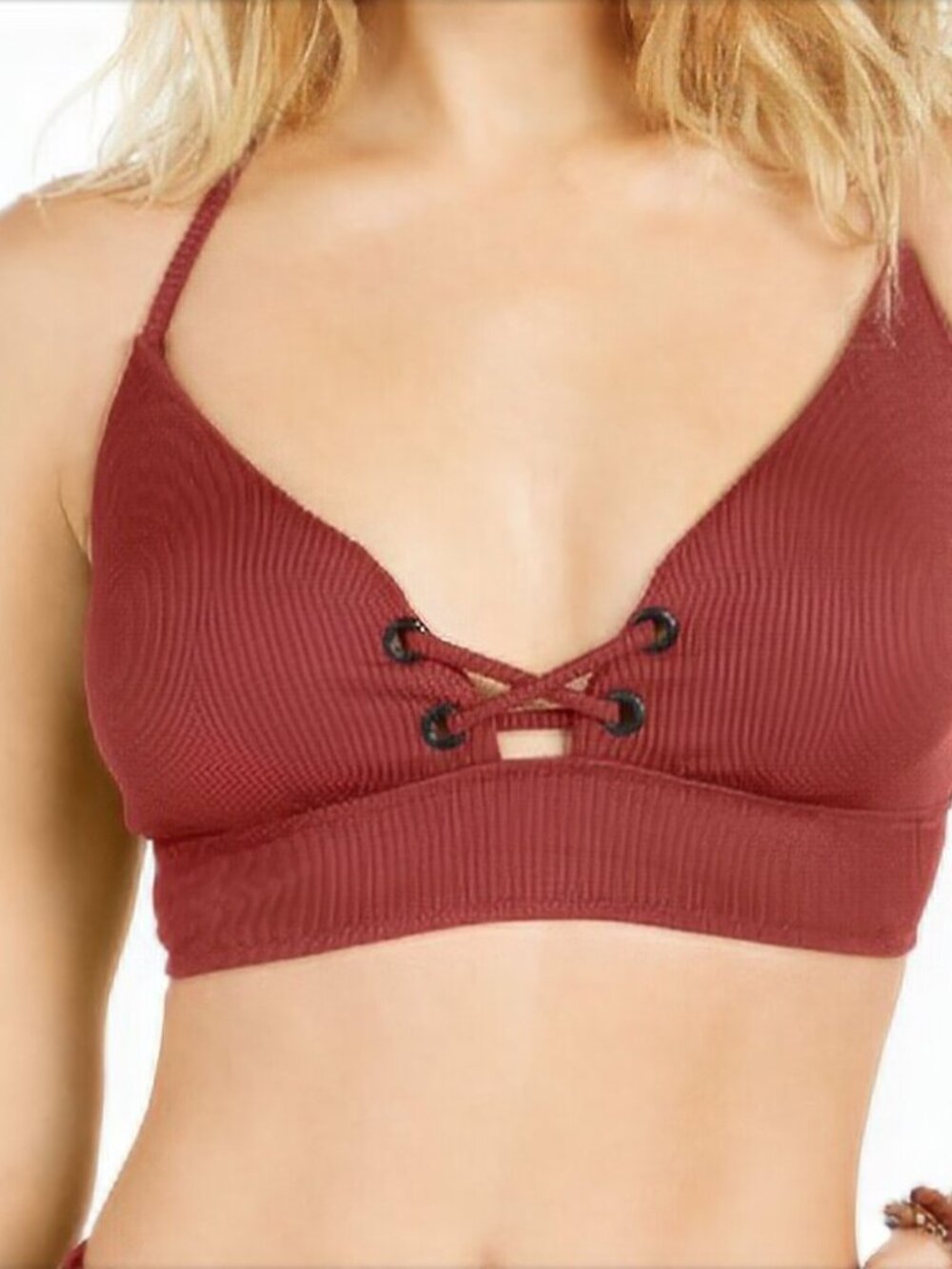 bar III Womens Ribbed Grommet Banded Bikini Top